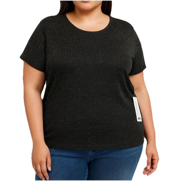 Alfred Dunner Woman 2X Black Metallic Shimmer Short Sleeve Top NWT Holiday - Picture 1 of 8